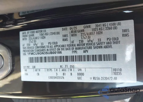 2025 Ford Escape Active from USA, damaged, VIN 1FMCU9GN3SUB00186